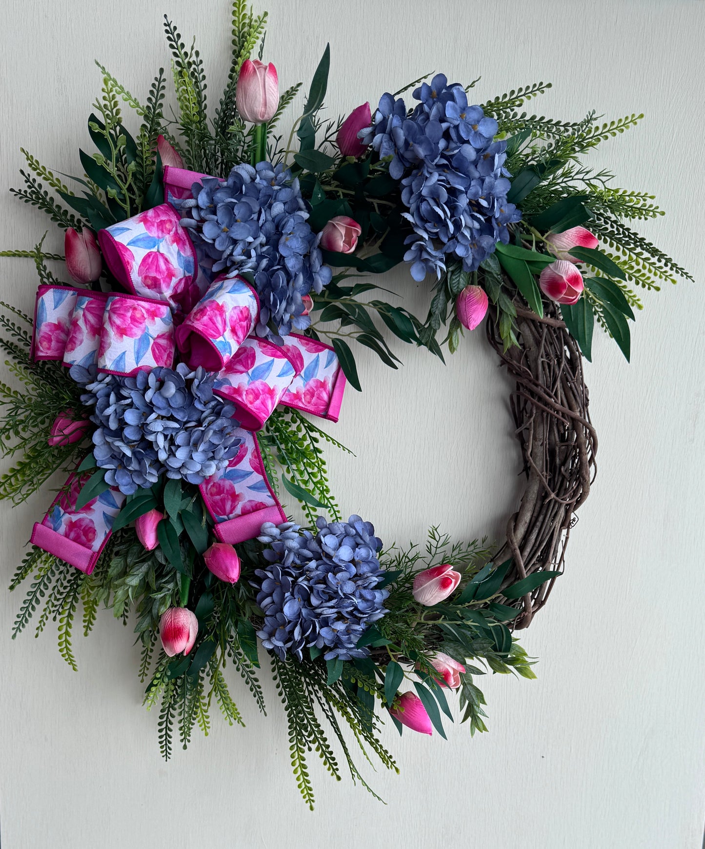 Hydrangea and Tulip Grapevine Wreath | Spring Summer Front Door Decor | Garden Inspired Floral Wreath