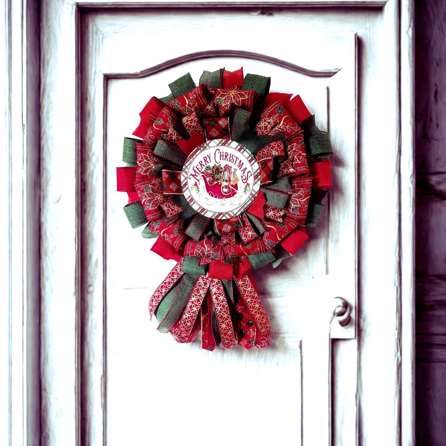 Christmas Wreath, Red & Green Ribbon Wreath, Christmas Gift, Wreath for Storm Door,