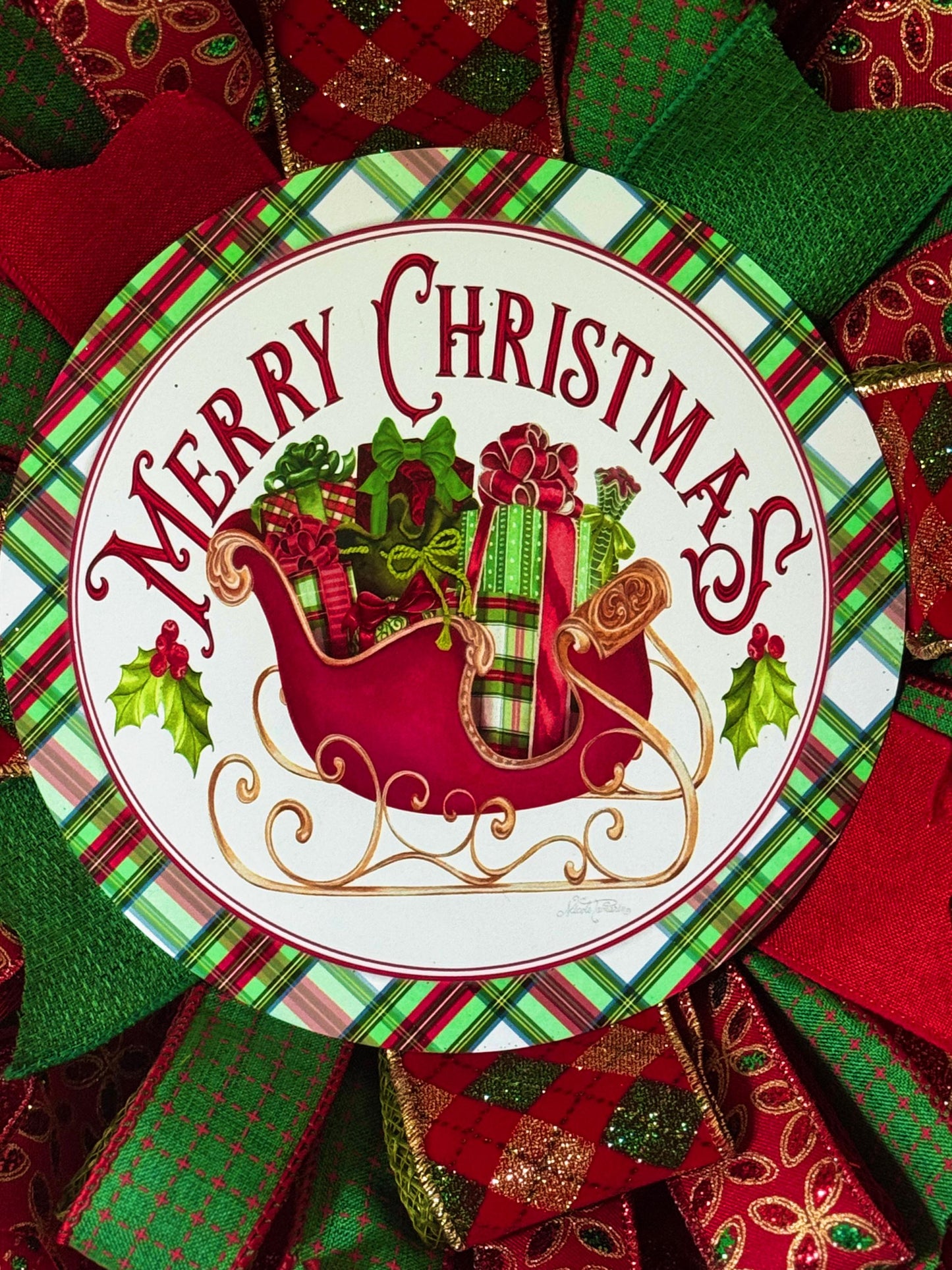 Christmas Wreath, Red & Green Ribbon Wreath, Christmas Gift, Wreath for Storm Door,