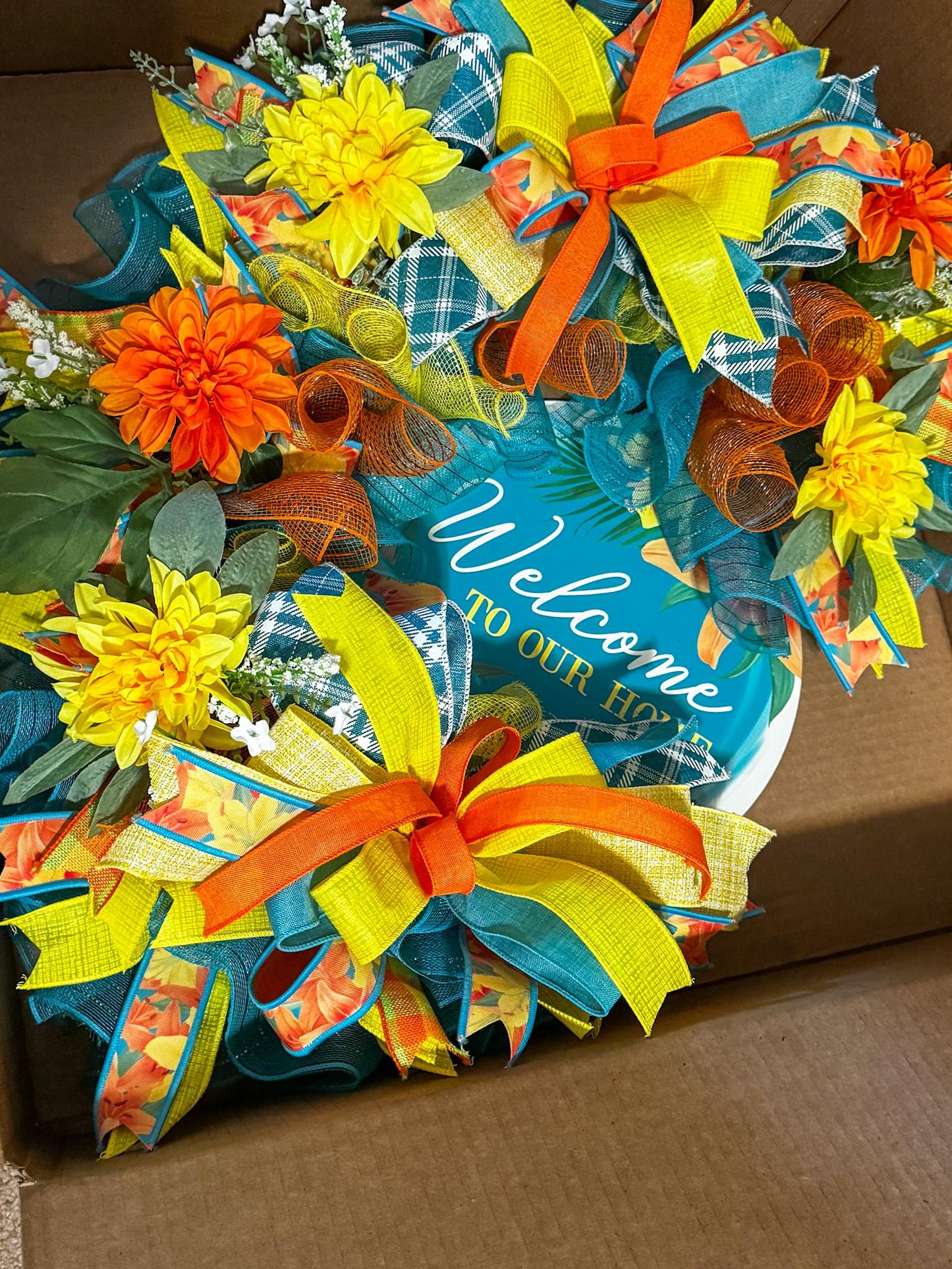 Welcome Home Wreath, Tropical Theme Wreath, Yellow and Orange Wreath, Summer Wreath, Front Porch Wreath, Pool Side decor, Oval Wreath, Large