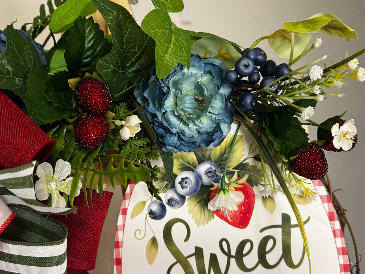 Sweet Summer Wreath | Strawberry Blueberry Farmhouse Wreath | Blue Peony & Daisy Summer Door Decor