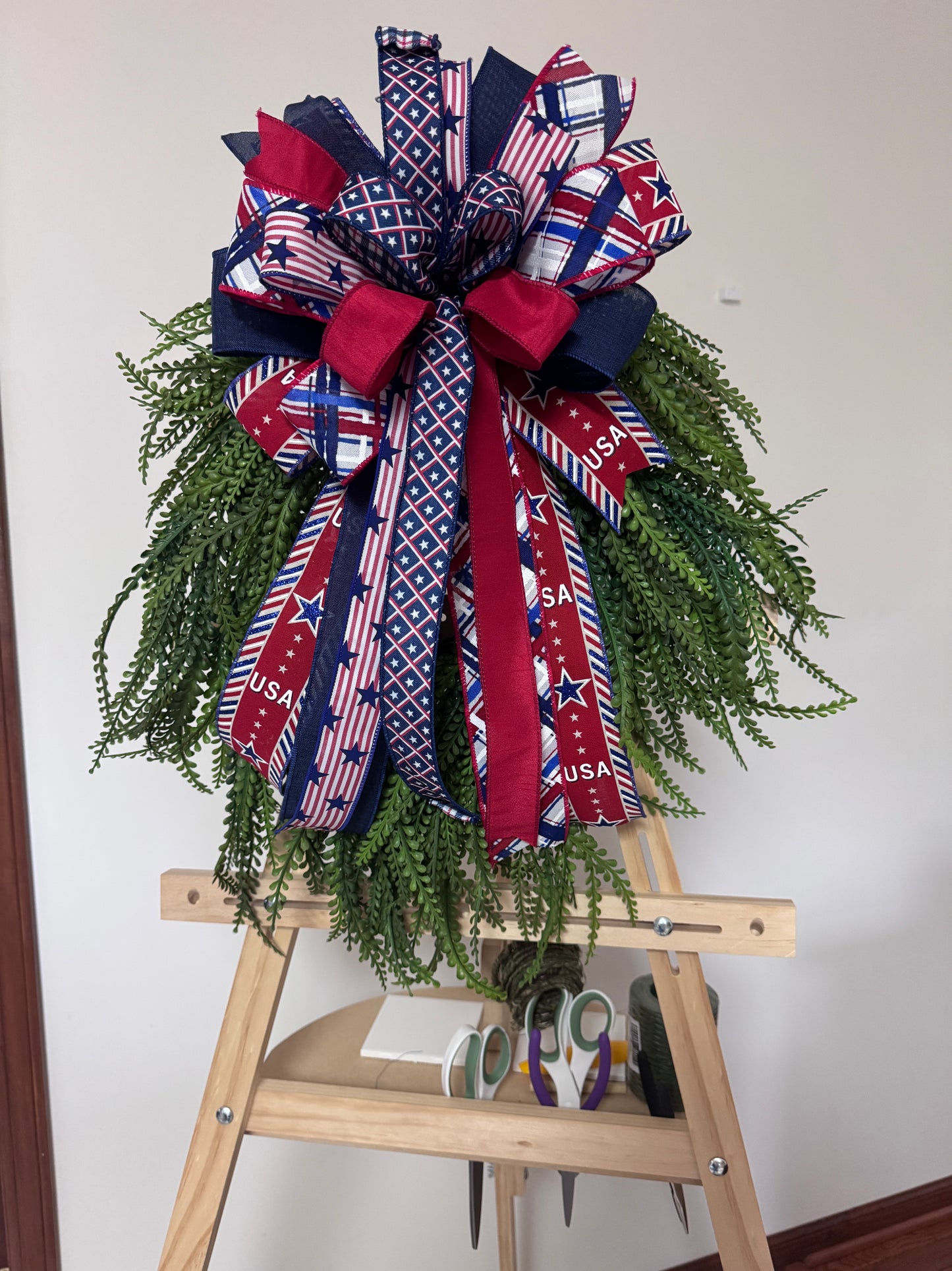 🇺🇸 Patriotic Designer Ribbon Bow – Red, White & Blue Front Door Bow (Wreath Accent)