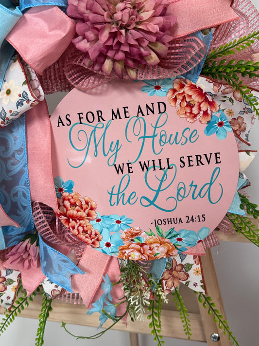 Christian Front Door Wreath | Joshua 24:15 Scripture Wreath | Faith Based Floral Home Decor
