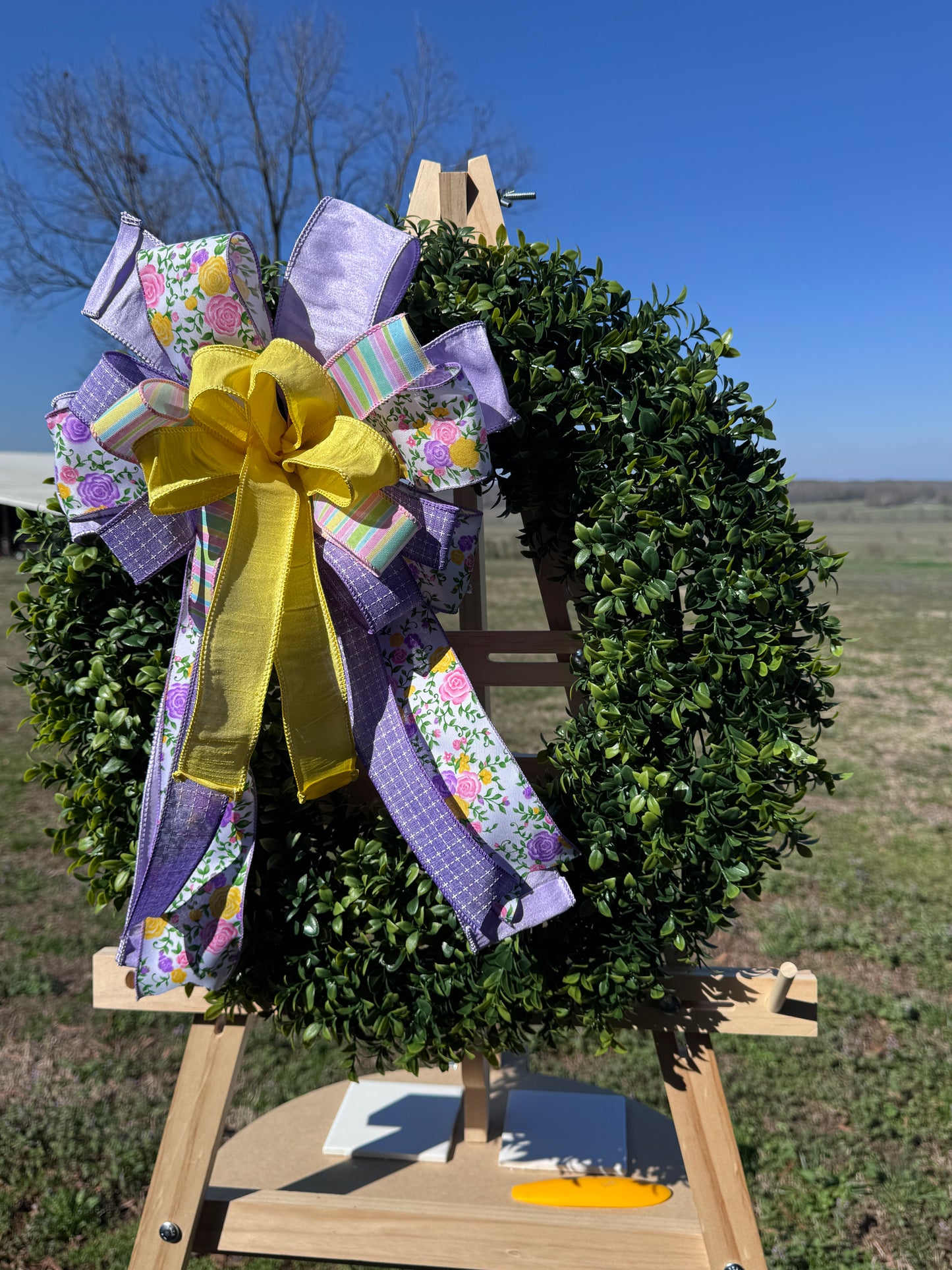 Spring Floral Wreath Bow | Purple & Yellow Easter Farmhouse Bow | Interchangeable Door Wreath Bow | Free Shipping (Wreath Not Included)