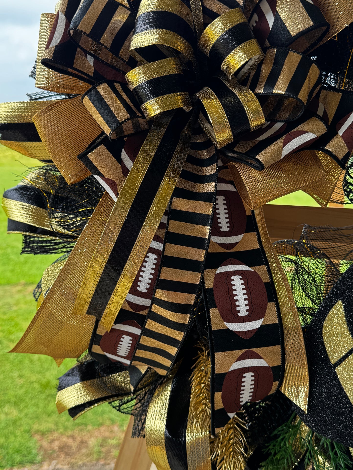 Black & Gold Football Wreath with Personalized Team Ribbon | Handmade Front Door Decor