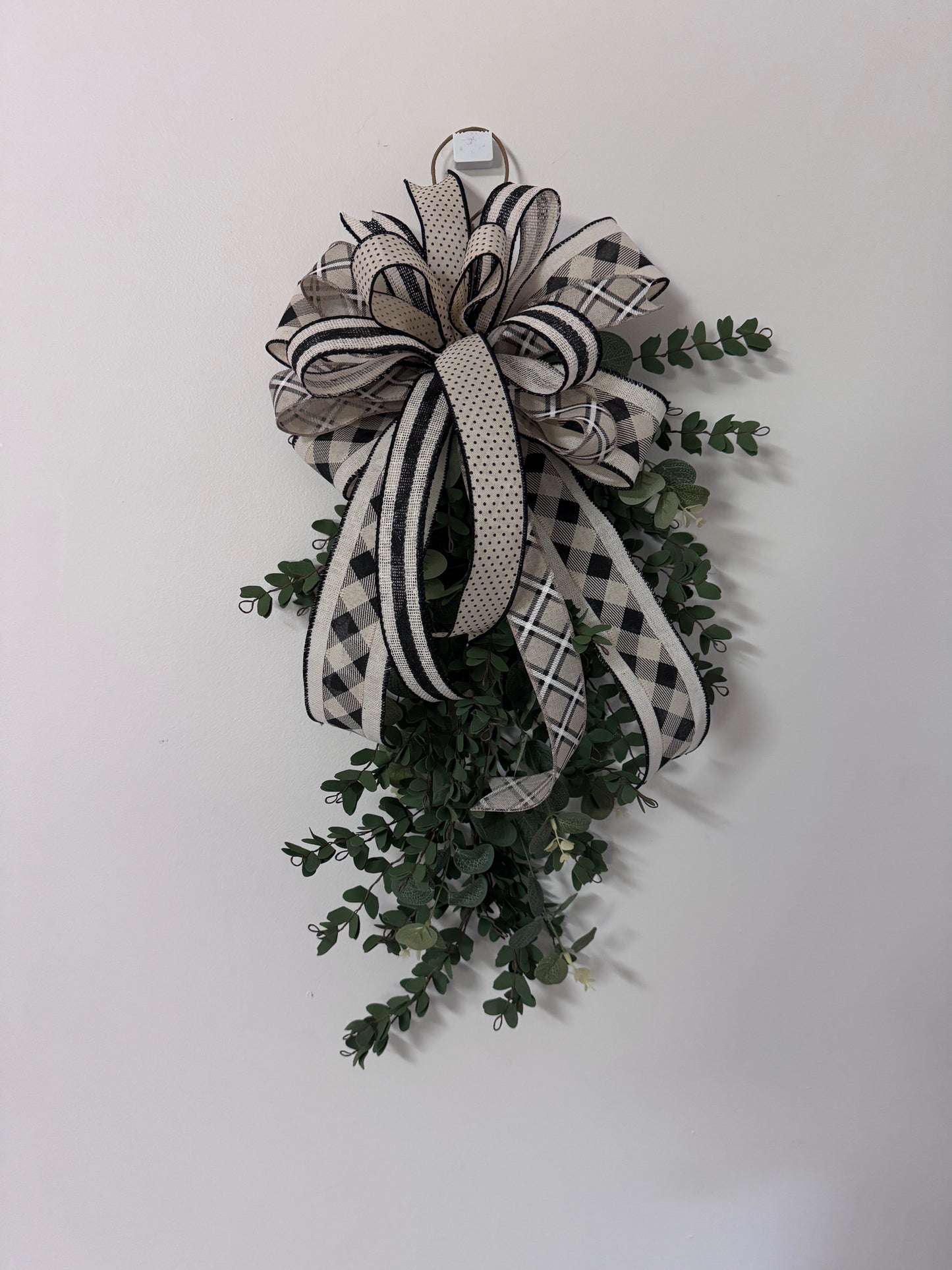 Elegant Neutral Greenery Door Swag with Designer Bow | Farmhouse Front Door Decor | Storm Door Friendly Everyday Swag