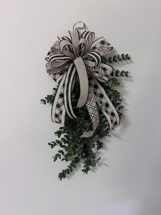 Elegant Neutral Greenery Door Swag with Designer Bow | Farmhouse Front Door Decor | Storm Door Friendly Everyday Swag