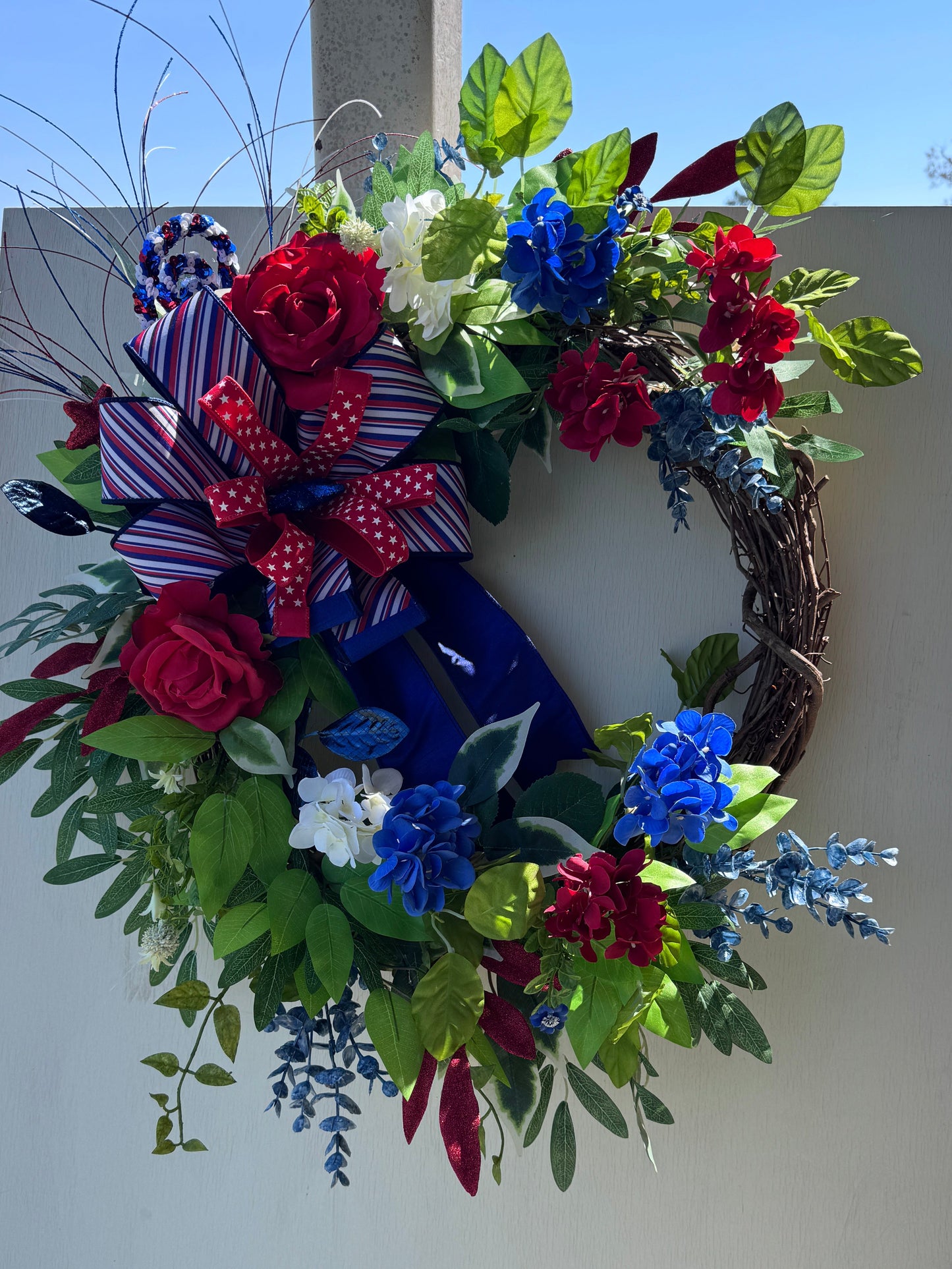 Patriotic Grapevine Wreath | Americana Floral Front Door Decor | Red White and Blue Summer Wreath