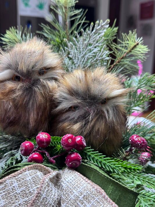 Woodland Owl Winter Centerpiece on Mud Pie Candlestick
