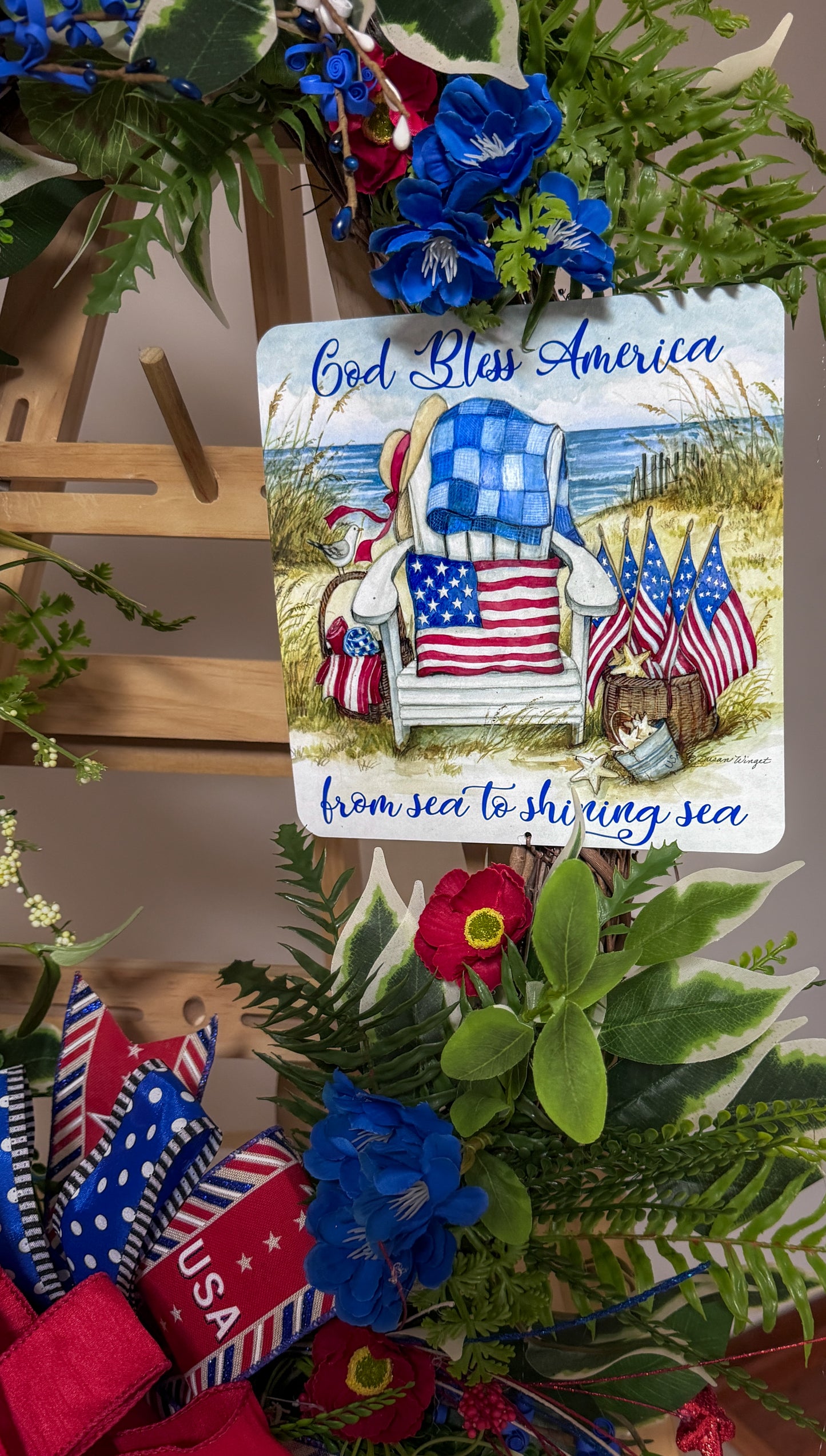 Sale price is $90.00 Discount will show at Checkout!!!!God Bless America Patriotic Wreath – Red, White & Blue Summer Door Décor