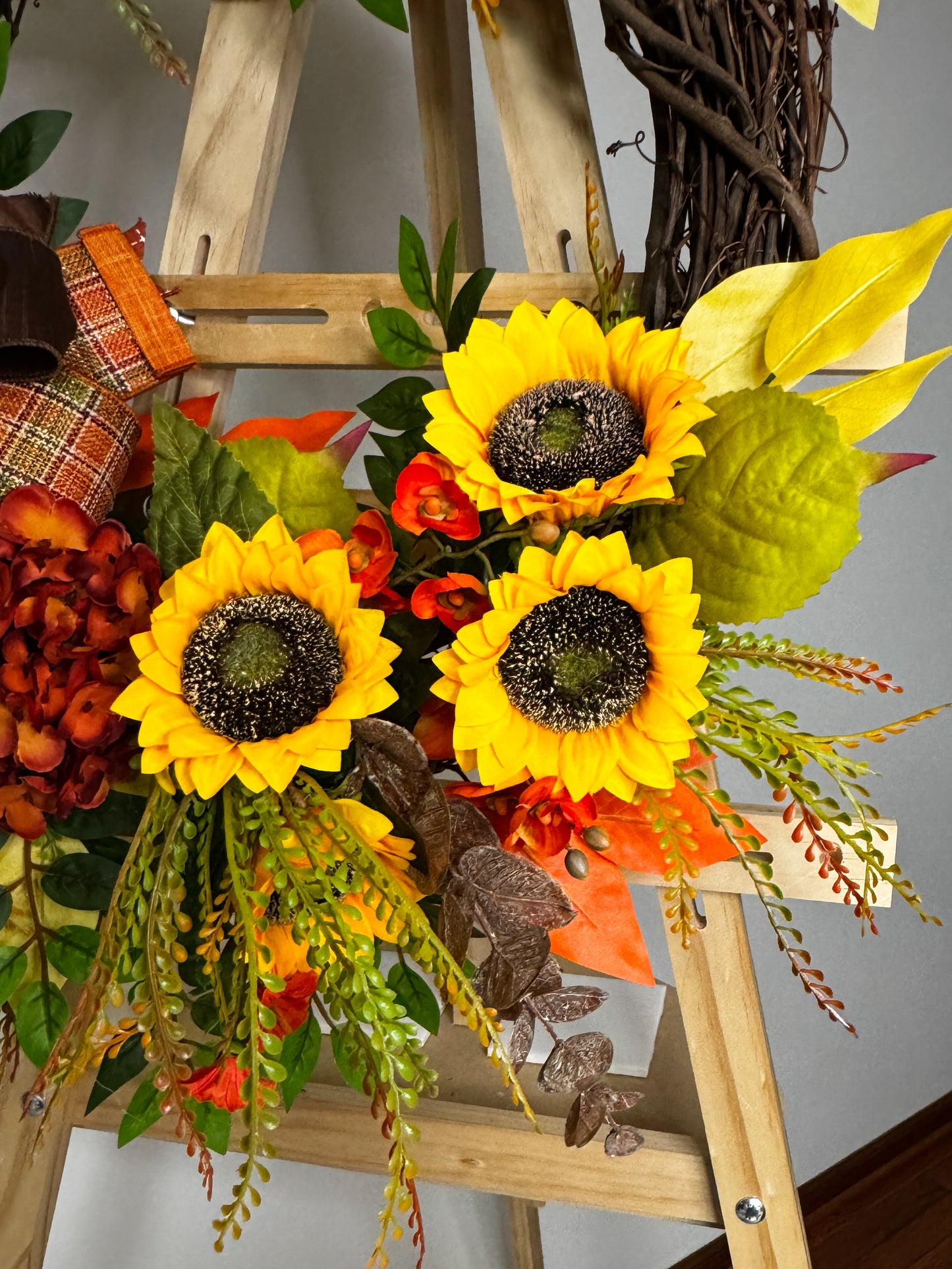 Fall Sunflower & Hydrangea Grapevine Wreath | Rustic Farmhouse Autumn Door Decor with Farrisilk Plaid Bow