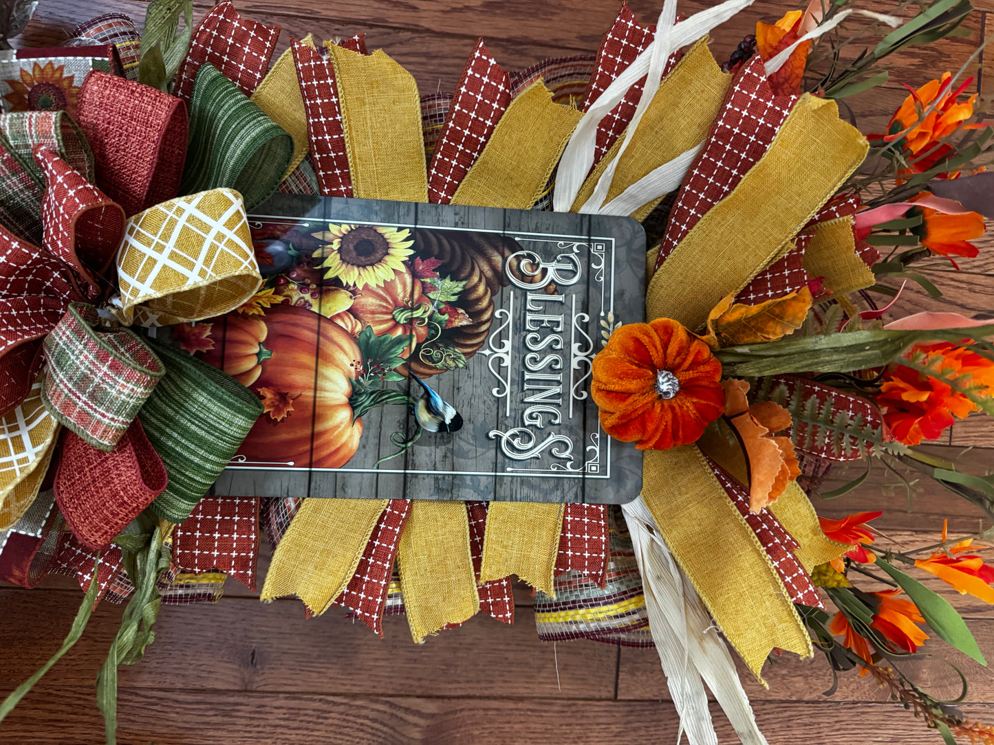 Fall Swag, Fall Rectangular Swag with Sign, Blessings Swag, Pumpkins and Fall Floral Swag, Gift, Storm Door Swag , Orange Swag, Autumn Swag