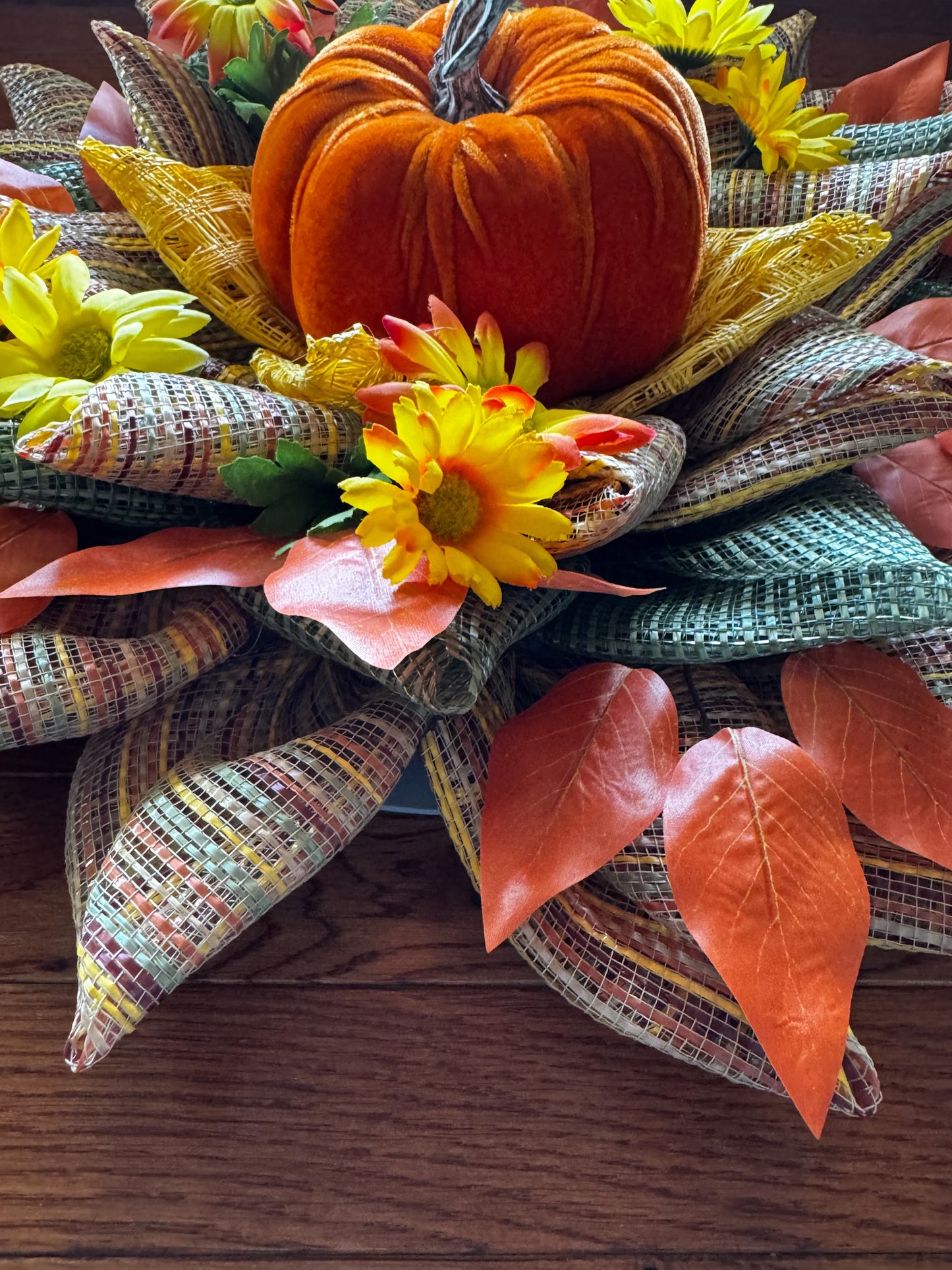 Velvet Pumpkin Centerpiece- Fall Harvest Table Decor with Gerbera Daisies and Autumn Leaves