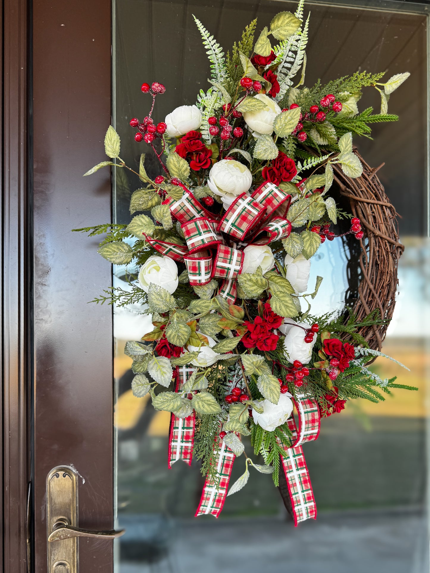 Traditional Christmas Grapevine Wreath with Red Roses, Plaid Ribbon & Cream Florals