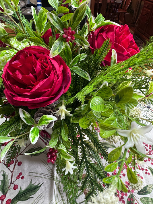 Traditional Red Rose Holiday Centerpiece – Mixed Greenery & Textured Accents