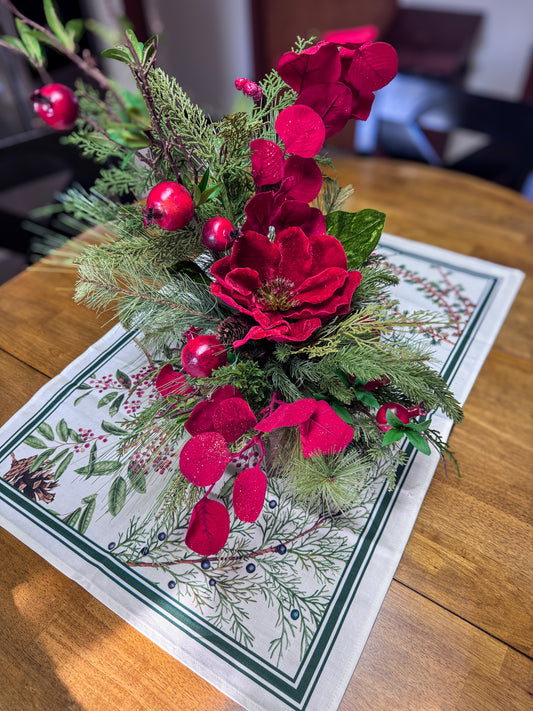 Red Velvet Magnolia Centerpiece With Pomegranates – Dramatic Holiday Arrangement