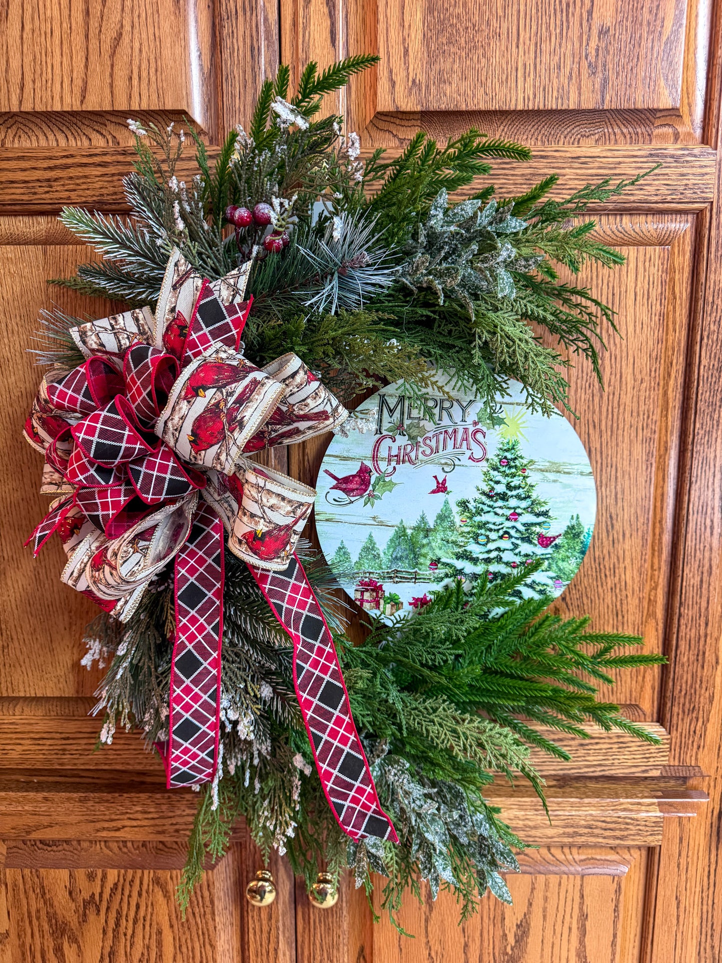 Cardinal Christmas Wreath – Traditional Greenery & Designer Ribbon