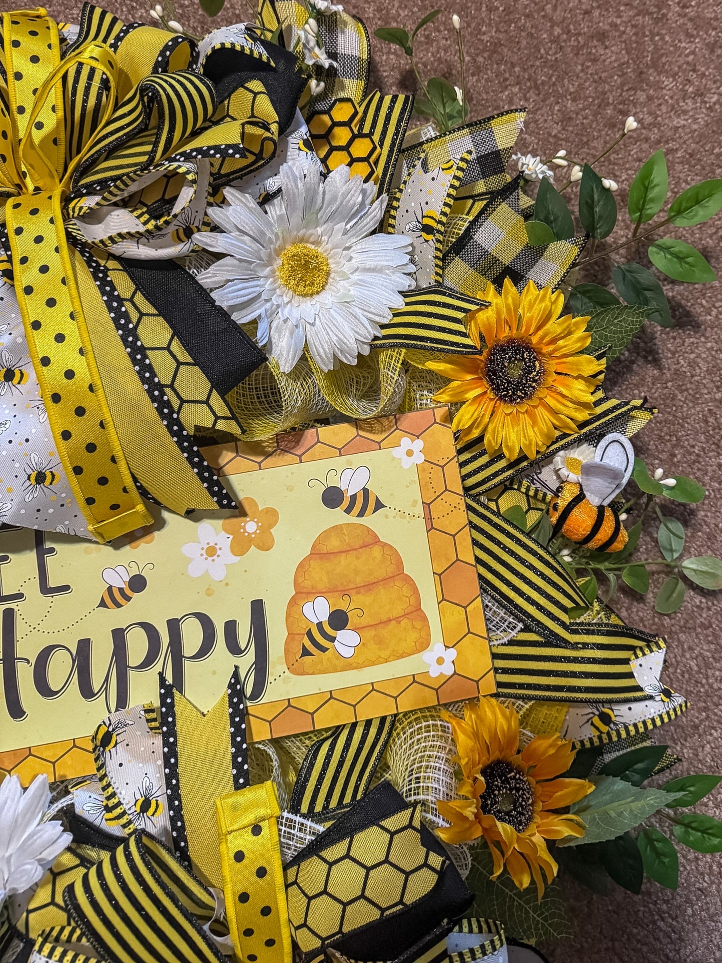 Bee Happy Wreath – Sunflower & Daisy Front Door Wreath with Premium Designer Ribbon | Bee Decor for Summer Porch & Entryway
