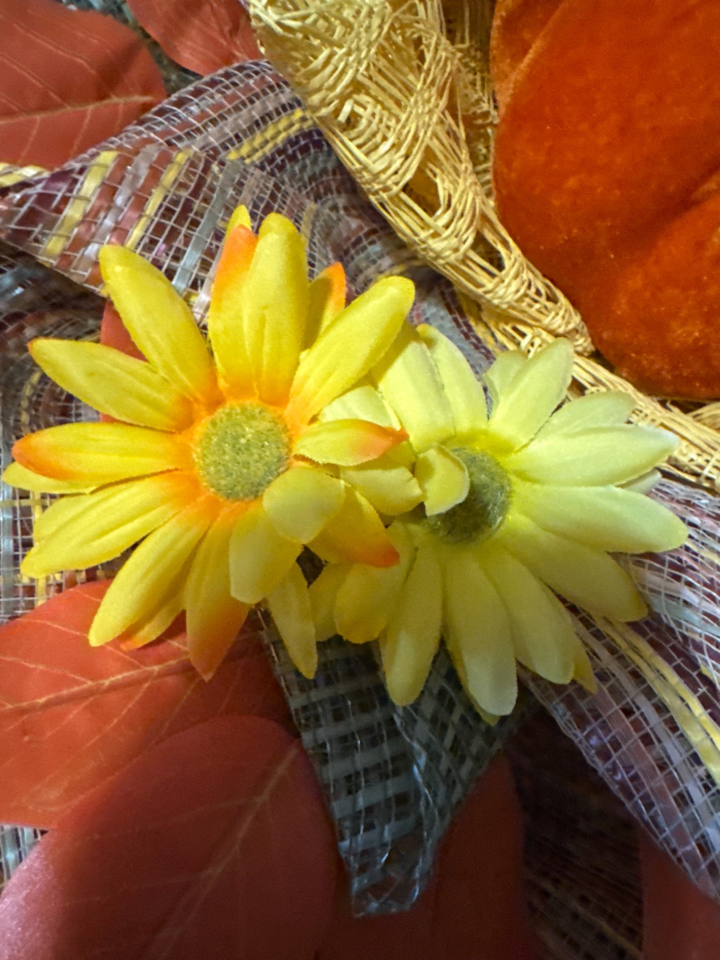Velvet Pumpkin Centerpiece- Fall Harvest Table Decor with Gerbera Daisies and Autumn Leaves
