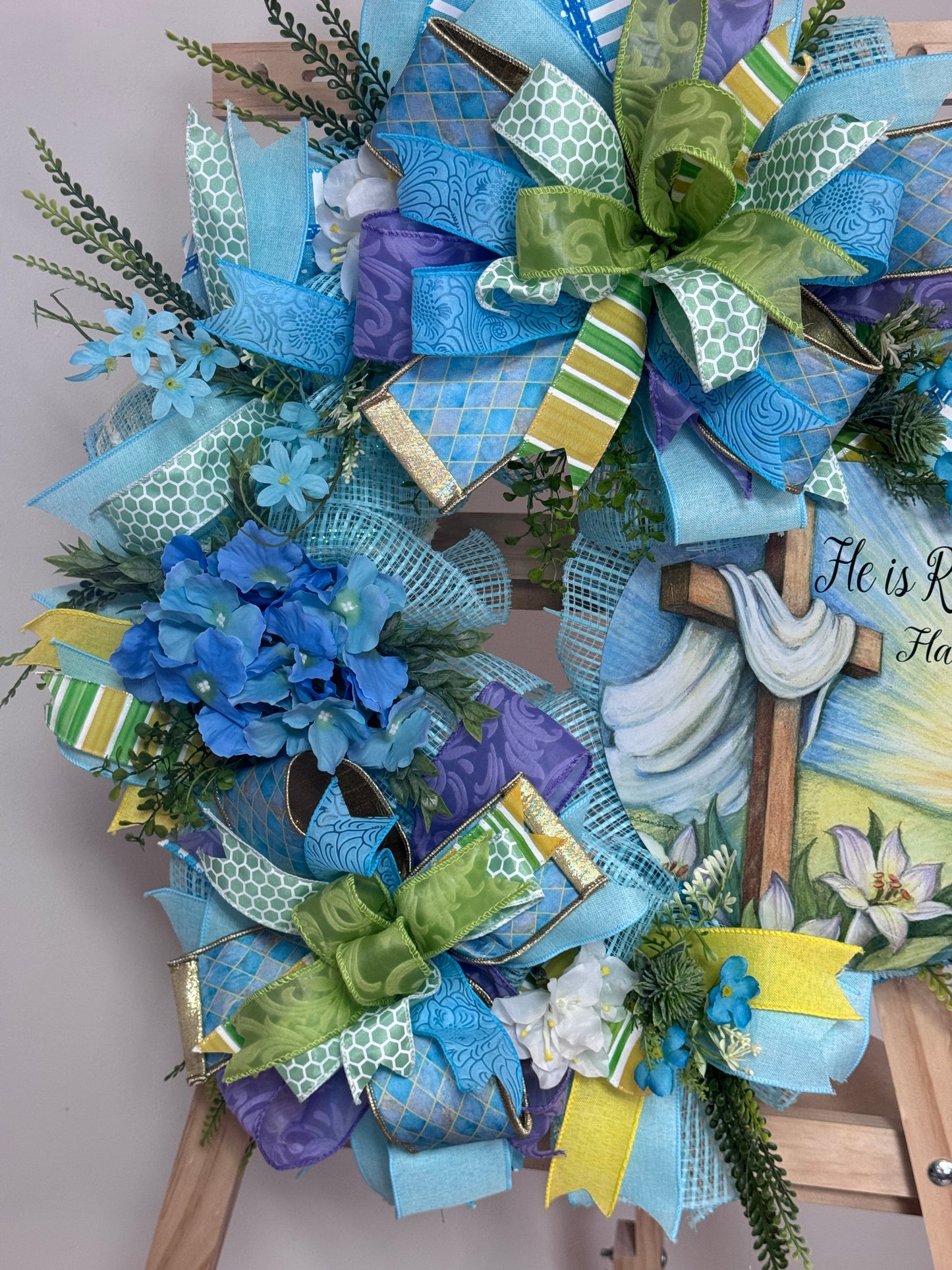 He Is Risen Easter Wreath with Cross Sign | Christian Spring Wreath | Farrisilk Ribbon Faith Front Door Decor
