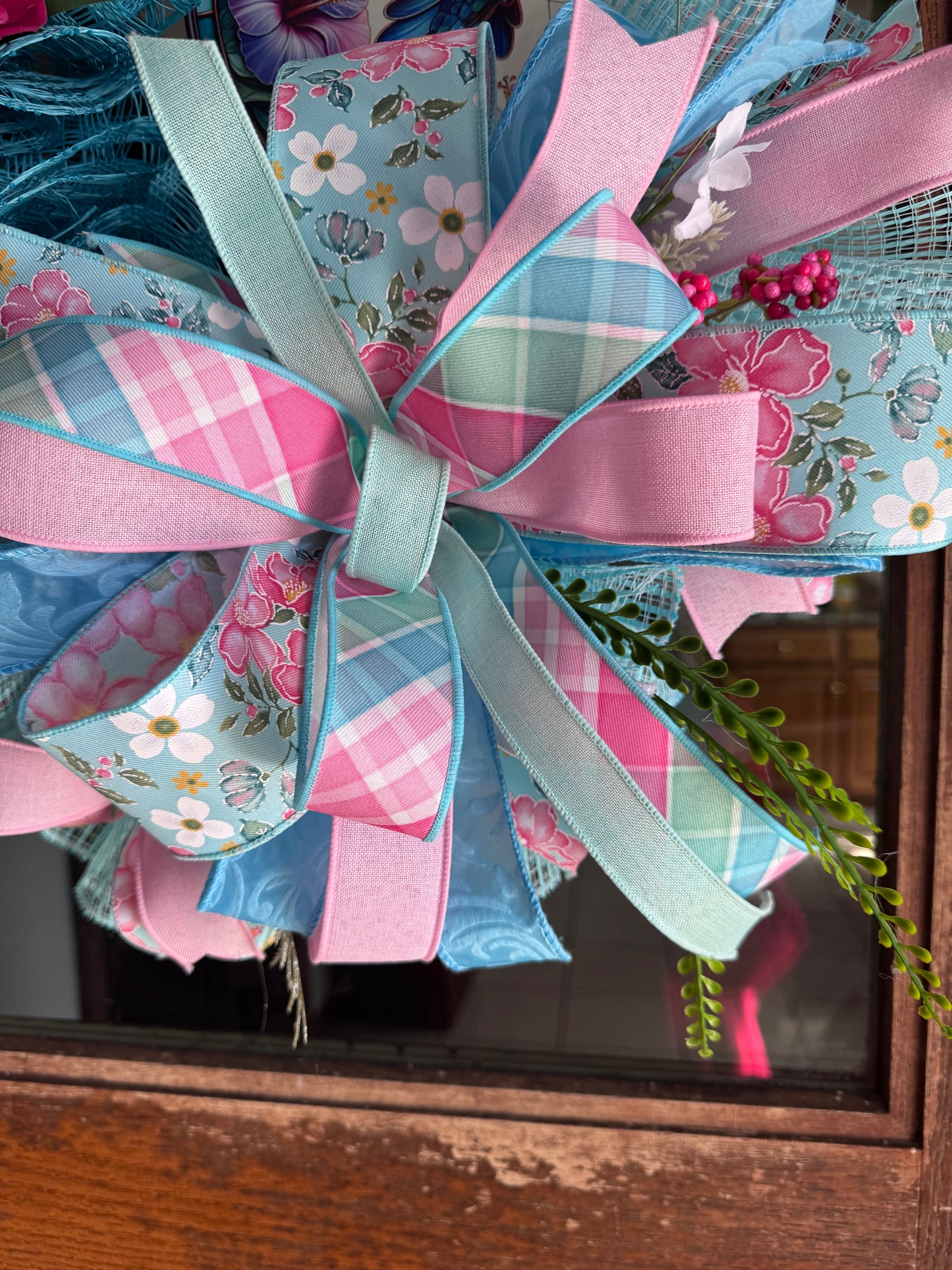 Hummingbird Spring Wreath for Front Door – Pink and Blue Everyday Summer Wreath with Designer Ribbon