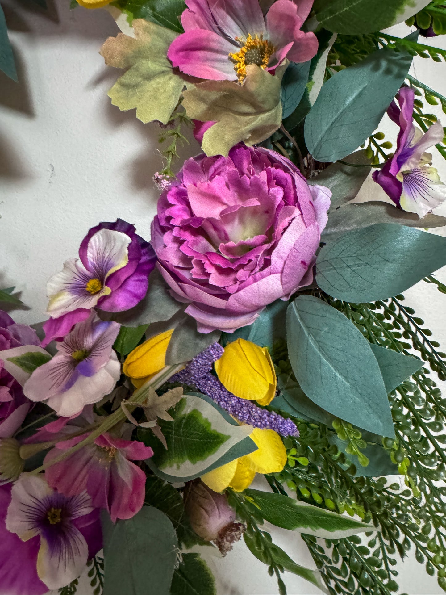 Purple Peony & Pansy Spring Wreath with Yellow Tulips | Designer Garden Door Wreath