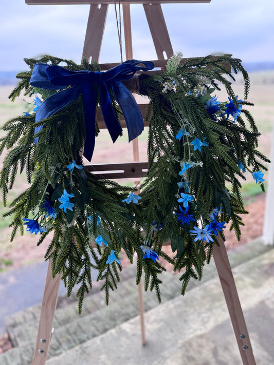 Blue Floral Norfolk Pine Wreath with Velvet Bow – Year-Round Front Door Decor