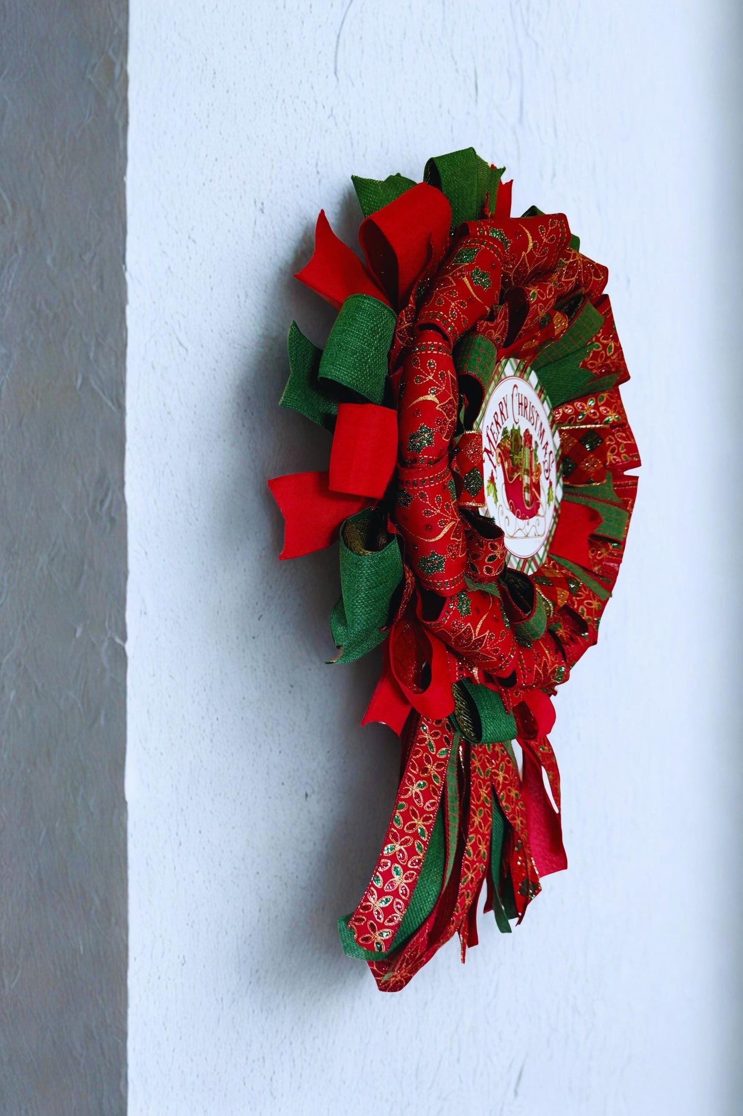 Christmas Wreath, Red & Green Ribbon Wreath, Christmas Gift, Wreath for Storm Door,