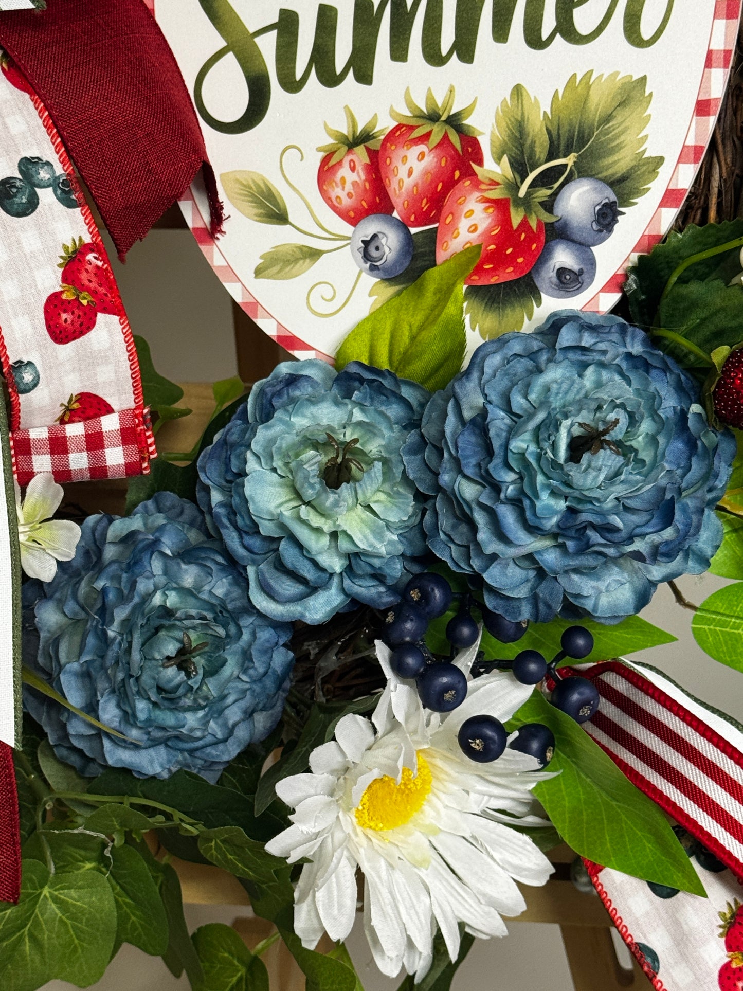 Sweet Summer Wreath | Strawberry Blueberry Farmhouse Wreath | Blue Peony & Daisy Summer Door Decor