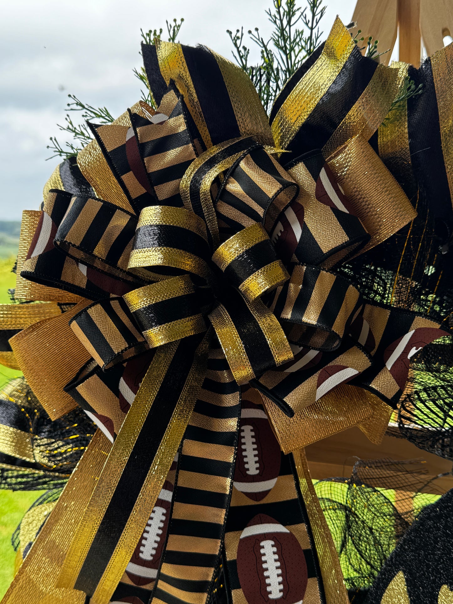 Black & Gold Football Wreath with Personalized Team Ribbon | Handmade Front Door Decor