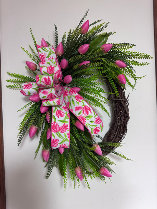 Pink Tulip Spring Grapevine Wreath with Designer Floral Bow | Elegant Front Door Decor