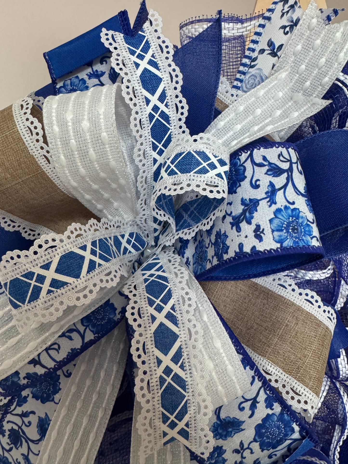 Blue & White Porcelain Inspired Welcome Wreath | Elegant Mesh & Designer Ribbon | Mother’s Day