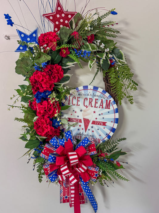 Bold Patriotic Grapevine Wreath with Ice Cream Sign | Red White Blue Summer Door Decor | Americana Statement Wreath