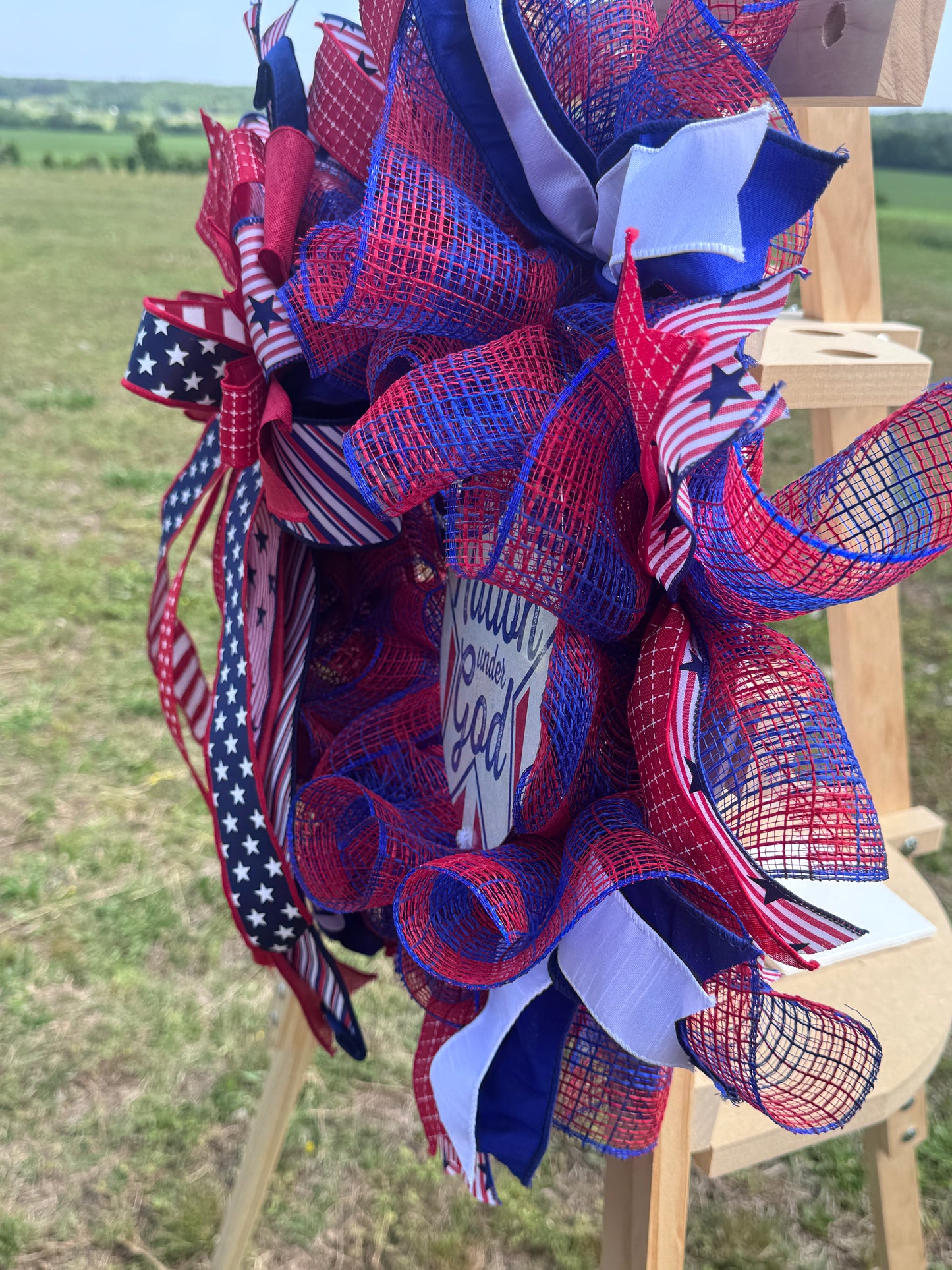 One Nation Under God Patriotic Mesh Wreath – America 250 Front Door Decor – Red White Blue Wreath – Fourth of July Wreath – Storm Door Friendly