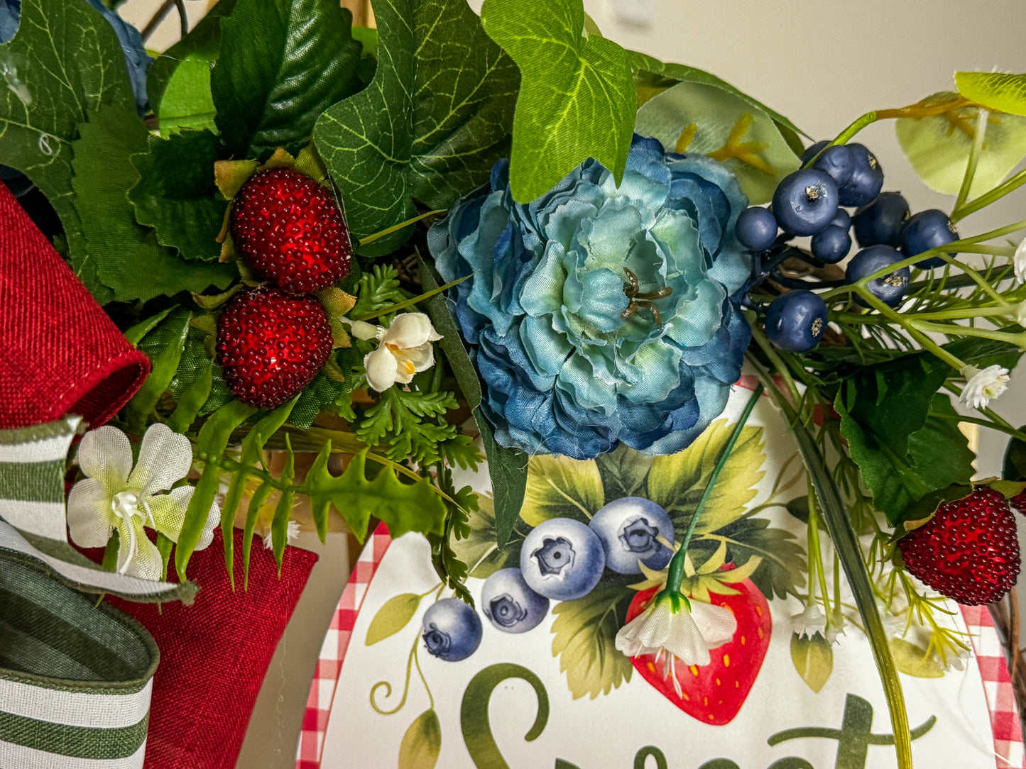 Sweet Summer Wreath | Strawberry Blueberry Farmhouse Wreath | Blue Peony & Daisy Summer Door Decor