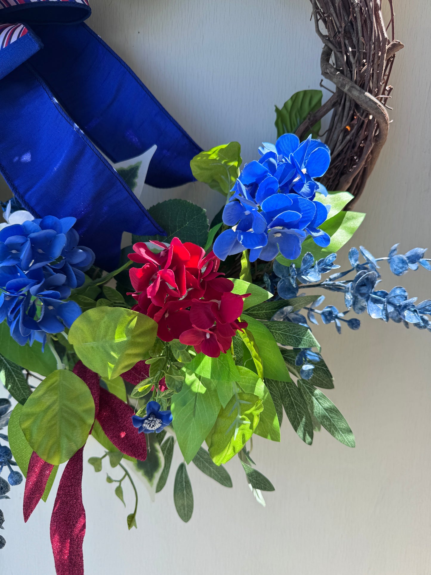 Patriotic Grapevine Wreath | Americana Floral Front Door Decor | Red White and Blue Summer Wreath