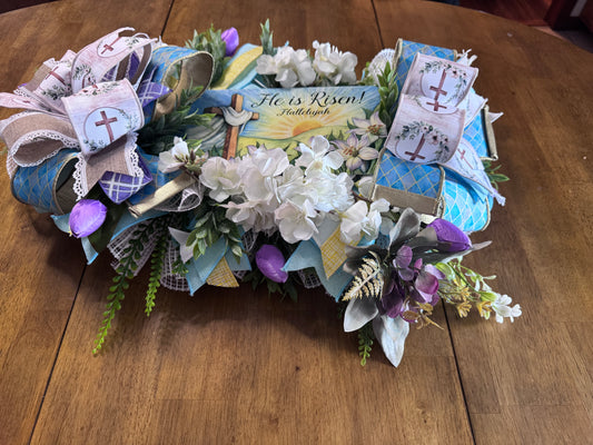 He Is Risen Easter Centerpiece | Christian Table Decor | Farrisilk Ribbon Faith Floral Arrangement