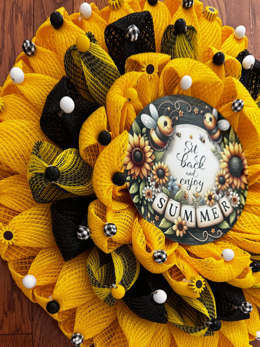 Sunflower petal front-door wreath with beadwork, yellow and black mesh petals, and an 8-inch Summer Sign.