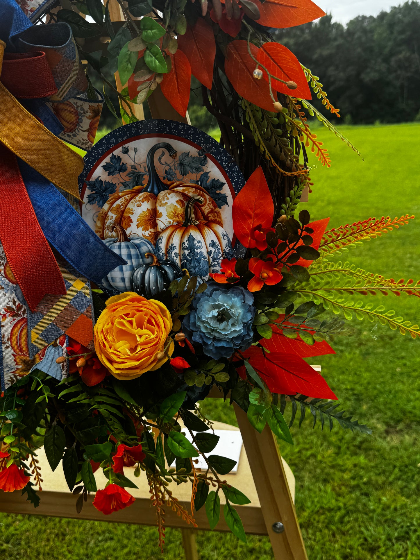 Blue & Orange Pumpkin Fall Wreath | Handmade Autumn Front Door Wreath | Navy Pumpkin Door Decor | Thanksgiving Wreath