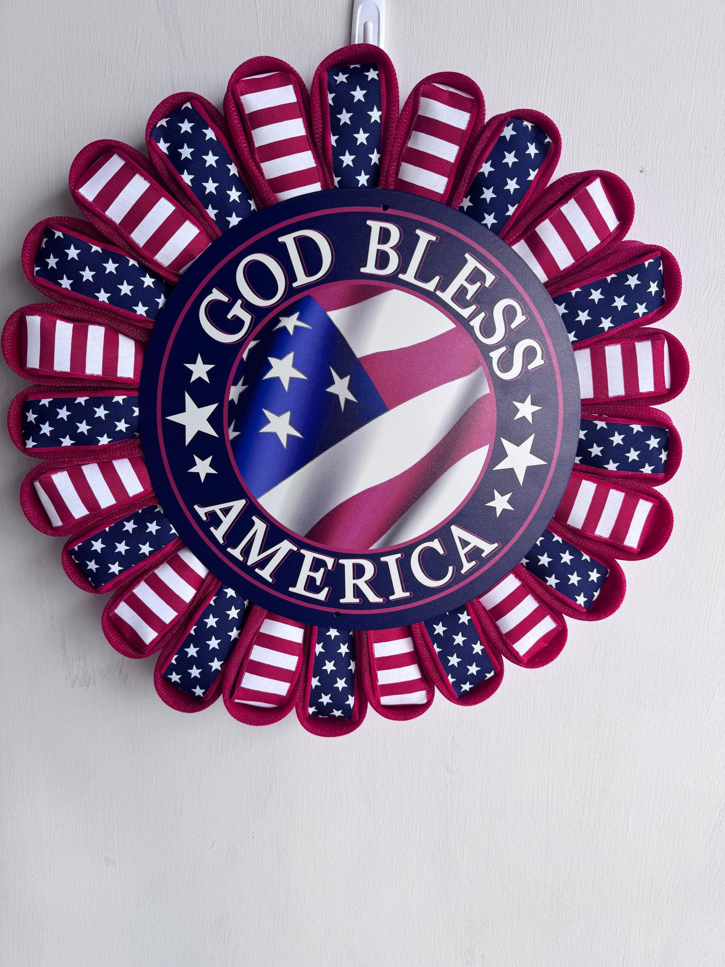 God Bless America Patriotic Wreath – Premium D’Lux Ribbon | 12” Metal Sign | Handmade Door Decor