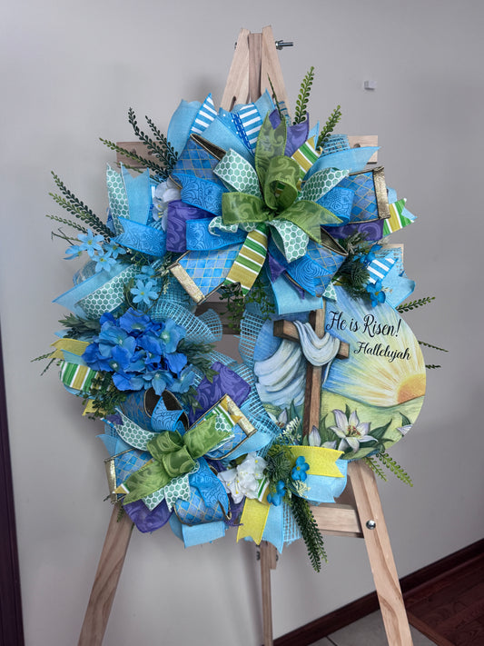 He Is Risen Easter Wreath with Cross Sign | Christian Spring Wreath | Farrisilk Ribbon Faith Front Door Decor