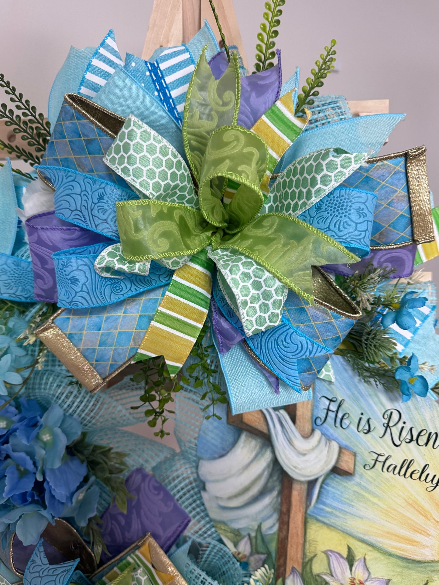 He Is Risen Easter Wreath with Cross Sign | Christian Spring Wreath | Farrisilk Ribbon Faith Front Door Decor