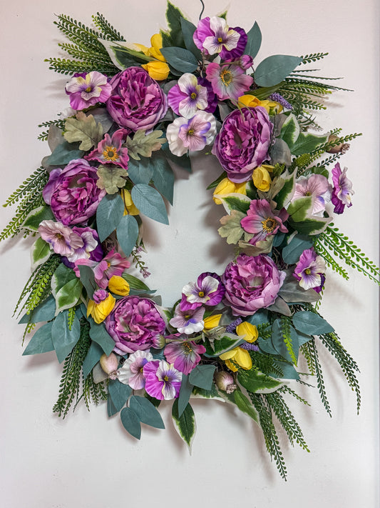 Purple Peony & Pansy Spring Wreath with Yellow Tulips | Designer Garden Door Wreath