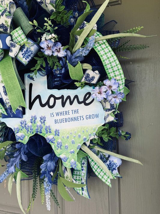 Home Is Where the Bluebonnets Grow Wreath – Spring & Summer Front Door Decor