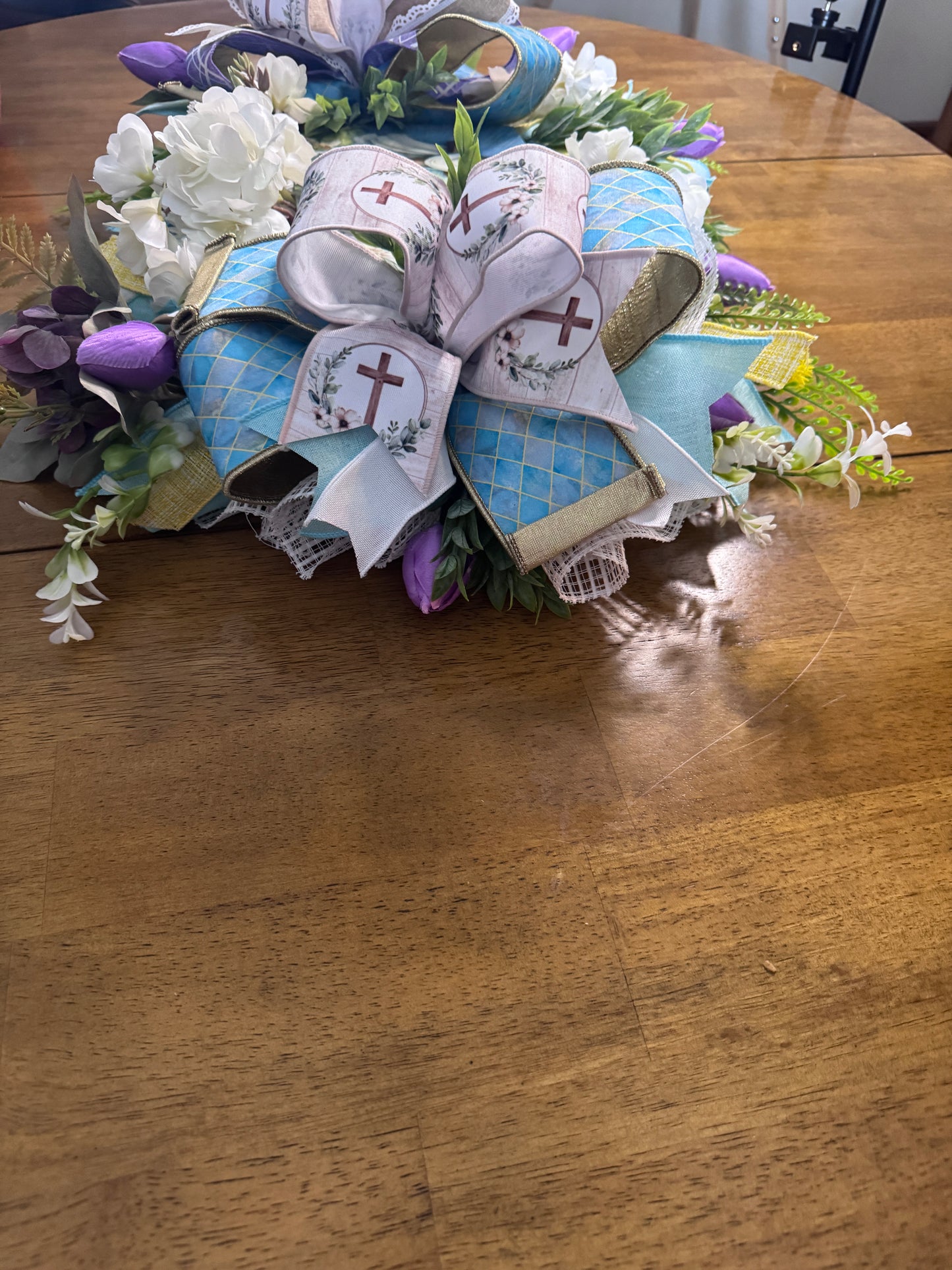 He Is Risen Easter Centerpiece | Christian Table Decor | Farrisilk Ribbon Faith Floral Arrangement