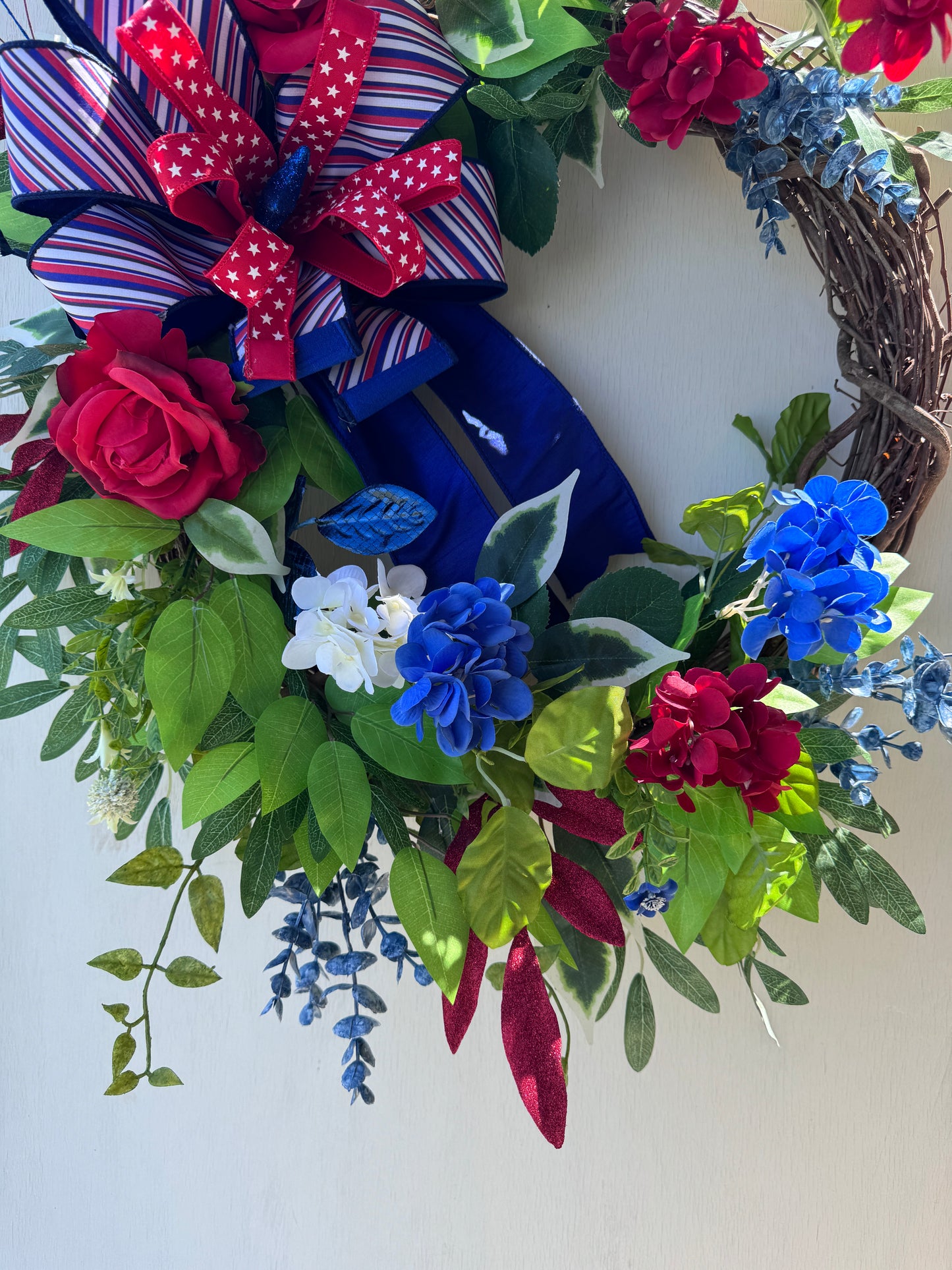 Patriotic Grapevine Wreath | Americana Floral Front Door Decor | Red White and Blue Summer Wreath