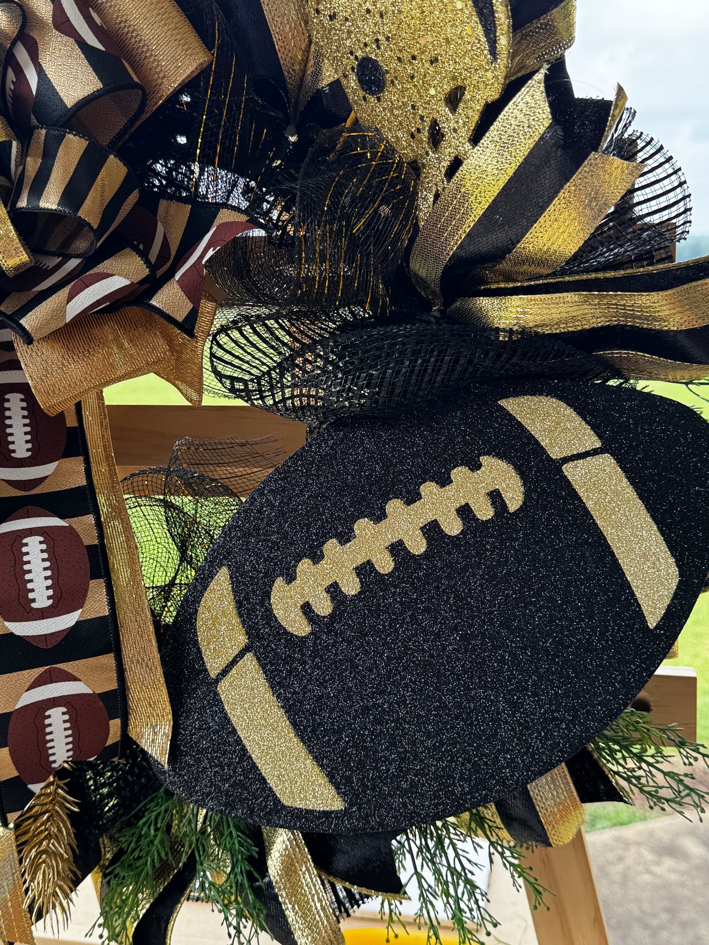 Black & Gold Football Wreath with Personalized Team Ribbon | Handmade Front Door Decor