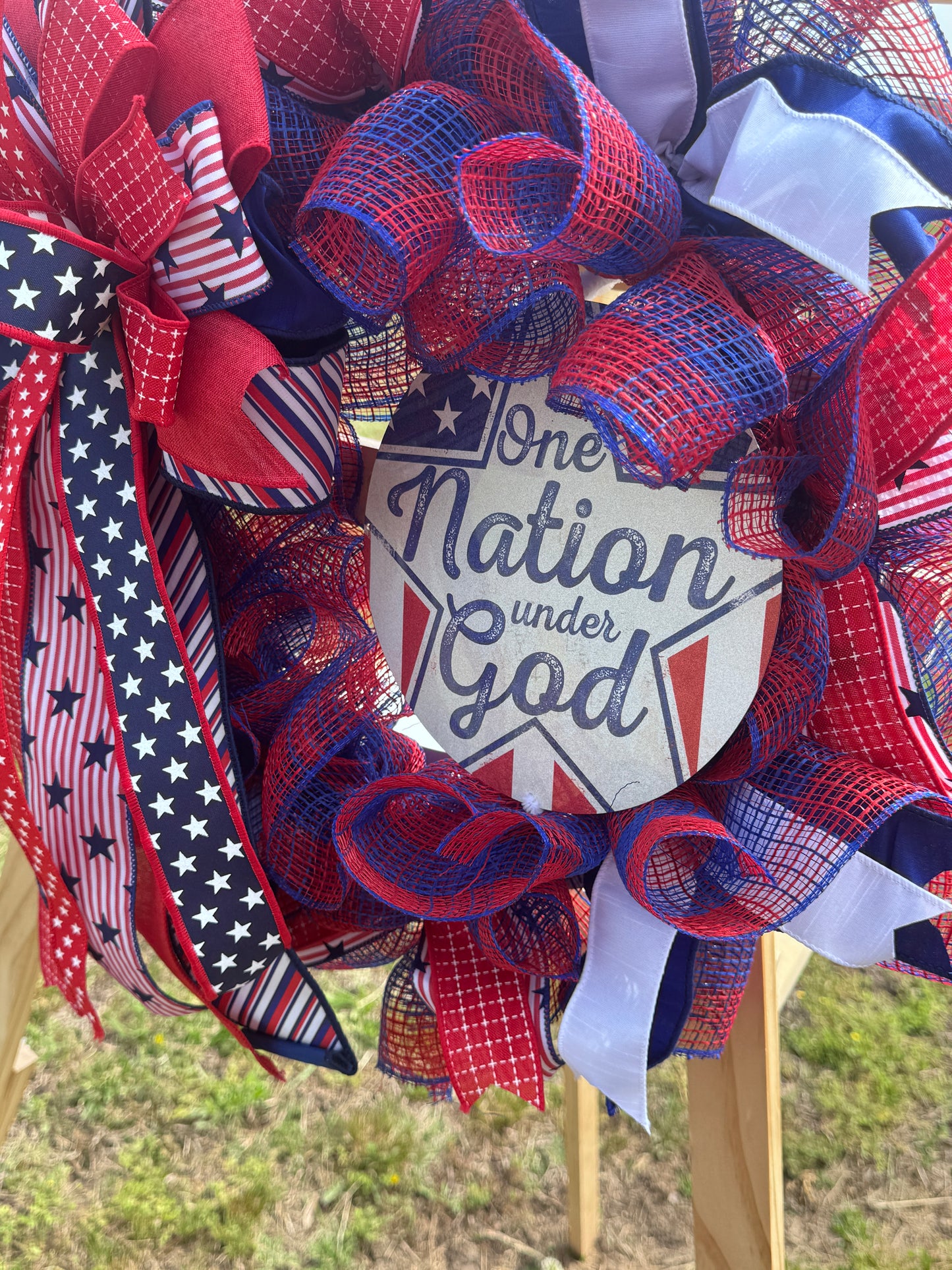 One Nation Under God Patriotic Mesh Wreath – America 250 Front Door Decor – Red White Blue Wreath – Fourth of July Wreath – Storm Door Friendly