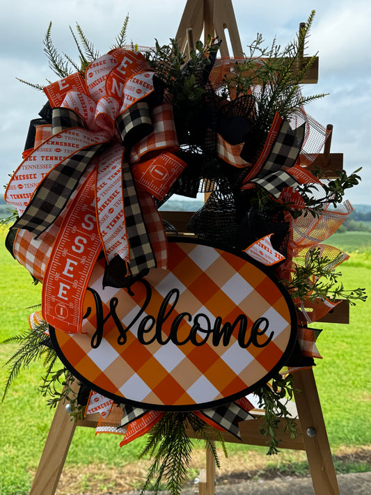 Tennessee Welcome Wreath – Orange & White Front Door Decor | Handmade Football Season Wreath