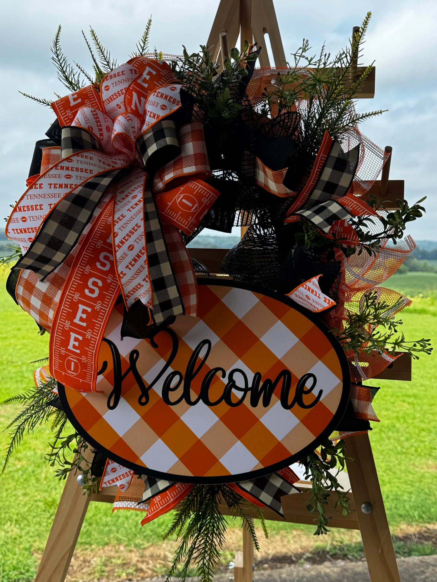 Tennessee Welcome Wreath – Orange & White Front Door Decor | Handmade Football Season Wreath